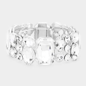 Silver Emerald Cut Crystal Stretch Bracelet 1 Inch Evening Wear
